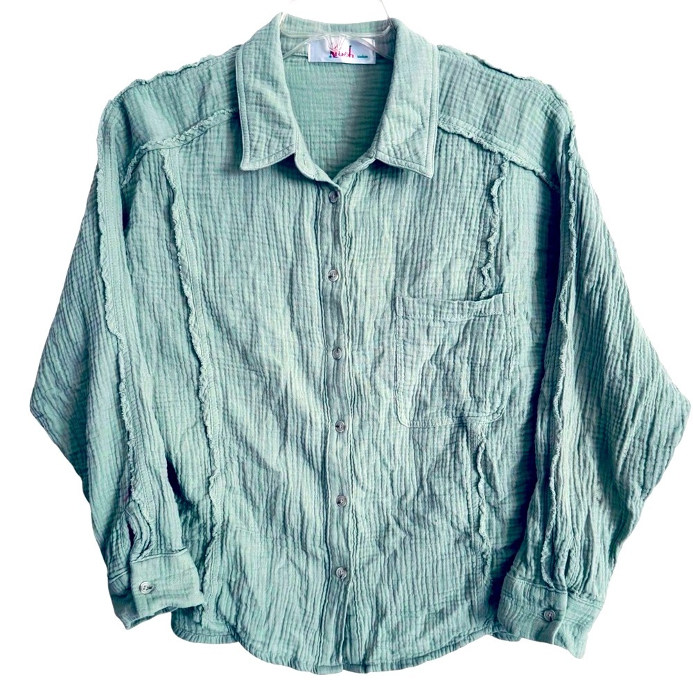 Krush Size Medium Sage Oversized Cotton Gauze Textured Shirt w/Raw Seams